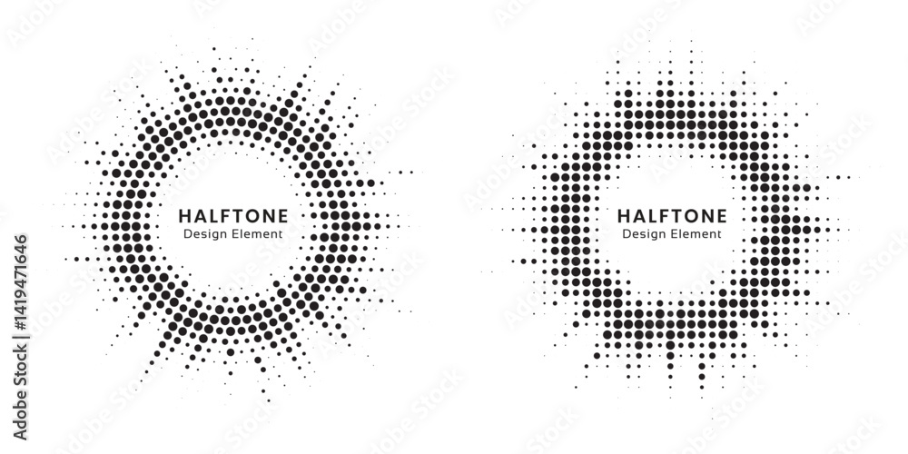 Poster Halftone circle frame background set. Round border Icon using halftone random circle. Grunge circular stain. Vector illustration.