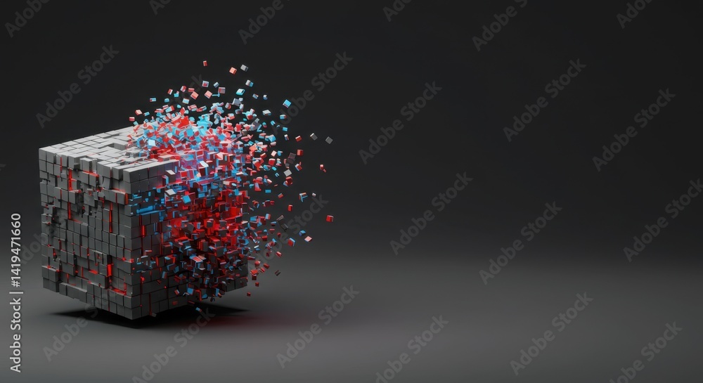 Poster abstract 3d render of exploding cube with red and blue fragments against dark background