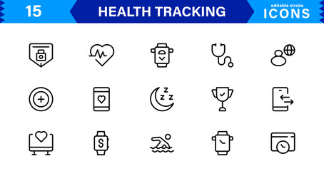 Modern Health Tracking Icon Set Vector Illustration. Featuring Essential Fitness, Activity, and Health Monitoring Symbols