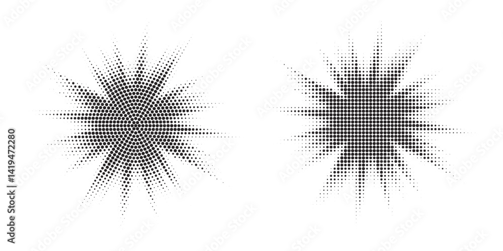 Poster Halftone circle frame background set. Round border Icon using halftone random circle. Burst Halftone light effect. Glowing light burst. abstract grunge halftone dots background. Vector illustration.	