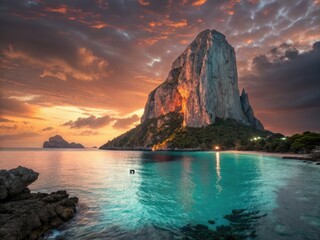Otherworldly fantasy seascape: dramatic lighting illuminates a surreal rock formation and floating island.