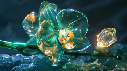 A luminous emerald crystal orchid with elegant curves, glowing with an inner light on a bed of ice.