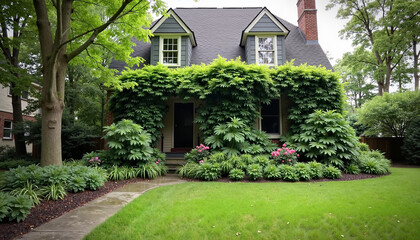 Charming house surrounded by lush greenery and flowers
