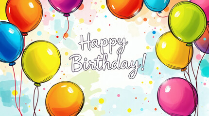 Greeting card with the inscription "Happy Birthday!" against the background of bright multi-colored balloons and abstract design, conveying an atmosphere of fun and celebration.