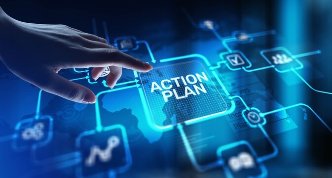 Action Plan Strategic Planning and Goal Setting, projection on a virtual screen, Business and Technology Concept.