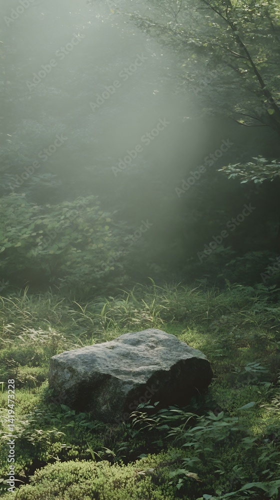 Poster serene misty forest scene with a large stone, ideal for product display or background.