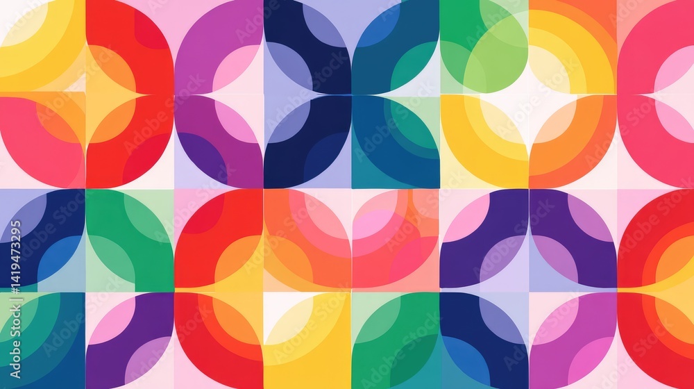 Poster colorful geometric pattern design using overlapping circles and squares.