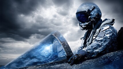 Obraz premium A futuristic pilot in a high-tech cockpit, surrounded by dramatic clouds, captures the essence of modern aviation and technology.