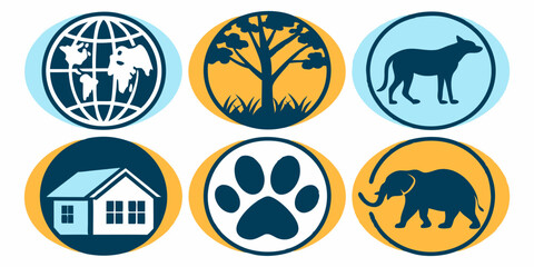 Set of 6 Vector Icons Globe Tree Dog House Paw Print Elephant Nature Animals Home World