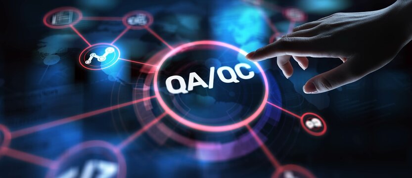 QA QC Quality Assurance and Quality Control for Product Excellence, projection on a virtual screen, Business and Technology Concept.