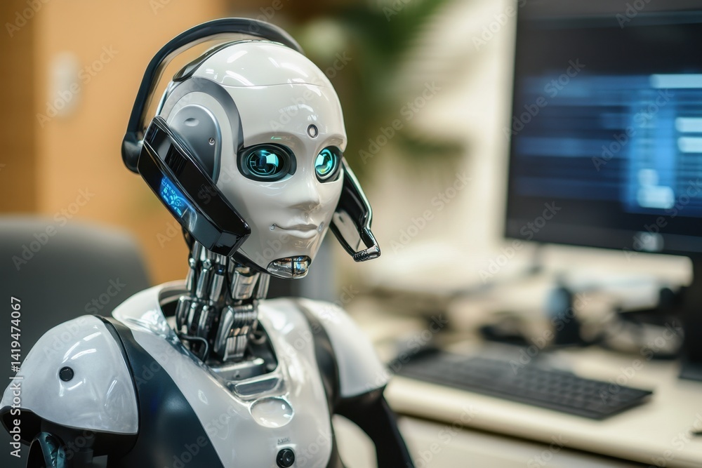 Poster robot assistant at a modern office setting engaging in customer support tasks