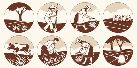 Vintage Farm Scenes Icons Set Farmer Cow Harvest Eggs Rural Life