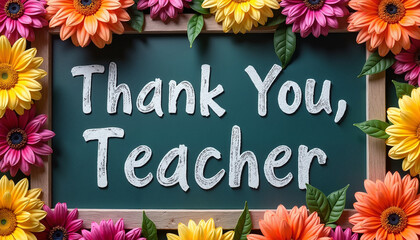 Thank you teacher message on chalkboard with colorful flowers

