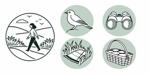 Nature Icons Birdwatching Picnic Outdoor Activities Line Art