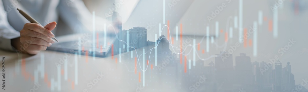 Poster financial data analysis with advanced digital tools and market insights.