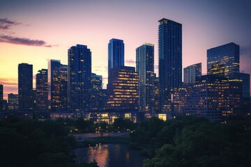 Obraz premium Urban skyline at dusk showcasing modern architecture and vibrant city lights