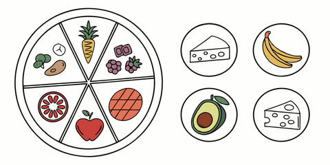 Balanced Diet Food Plate Fruits Vegetables Grains Protein Cheese Banana Avocado Cartoon Illustration
