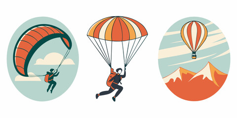 Vintage Air Sports Vector Icons Paragliding Parachuting Hot Air Balloon Adventure Travel Recreation Illustrations