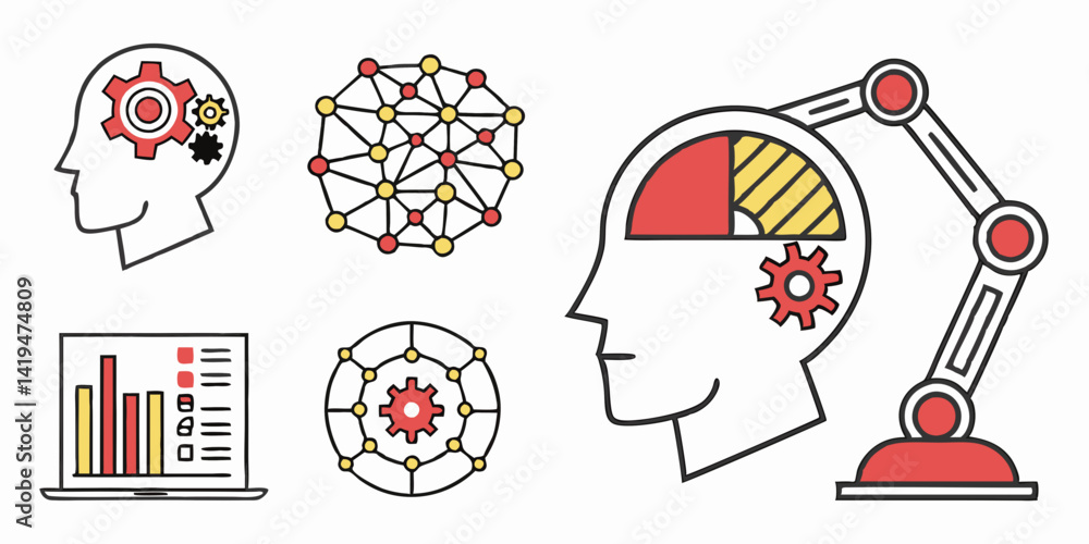 Aufkleber artificial intelligence machine learning flat vector icons brain gears network data robot automation