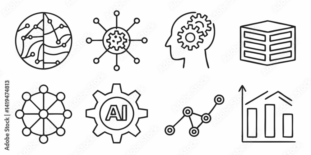 Poster technology ai data business network icons set line art