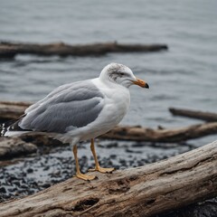 Seagull bird on piece of wood