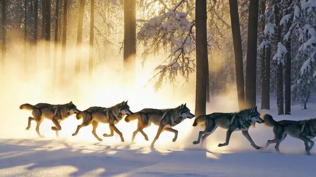 Wolves on the Move: A Pack Journey Through a Snowy Forest Landscape