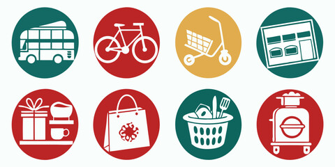 Set of Flat Graphic Circle Icons Shopping Transport Household Items