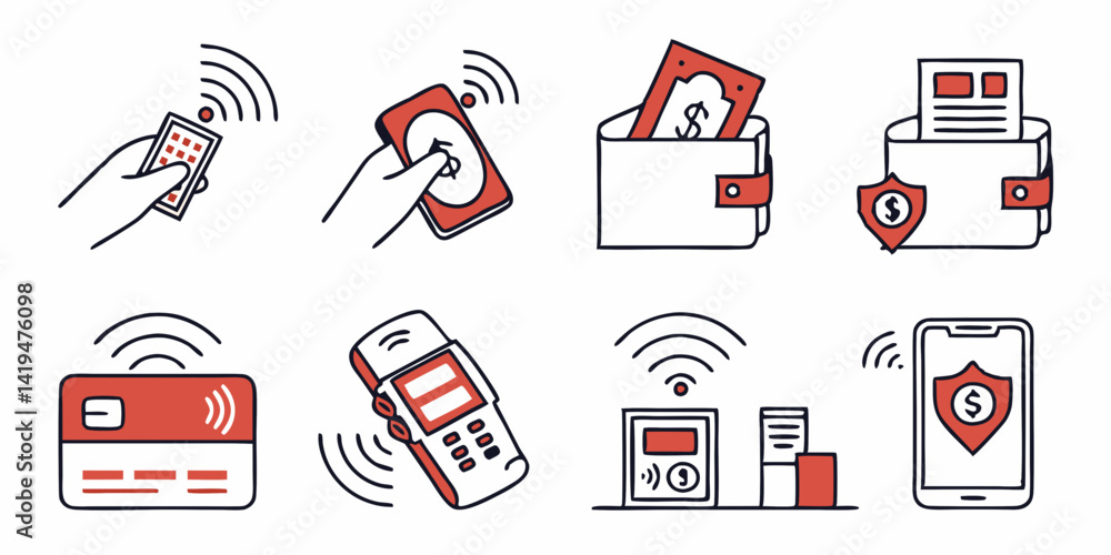 Poster secure mobile contactless payment icons vector line art