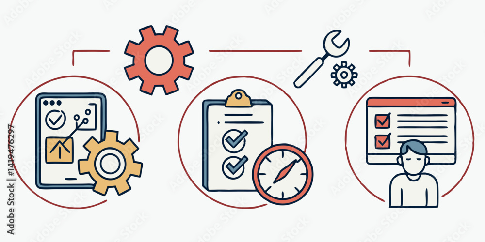 Poster workflow management flat vector illustration gears checklist user