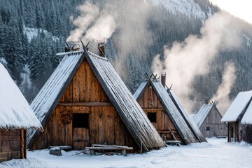 Peaceful Winter Scene in a Traditional Viking Settlement
