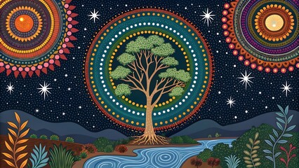 Vibrant Aboriginal Dot Painting Cosmic Tree of Life V6