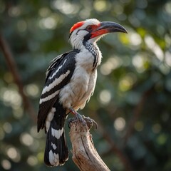Obraz premium Red-billed Hornbill bird on piece of wood