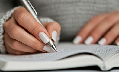 A close-up photo of a hand writing in a notebook, conveying focus, concentration, and the process of creation. The pen and notebook are the main focal points, suggesting mindfulness and purpose.