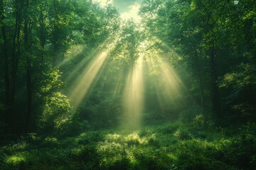 Sunlight filtering through a dense forest