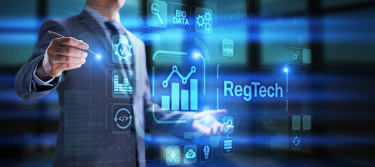 Regtech Regulation and supervision technology concept on virtual screen.