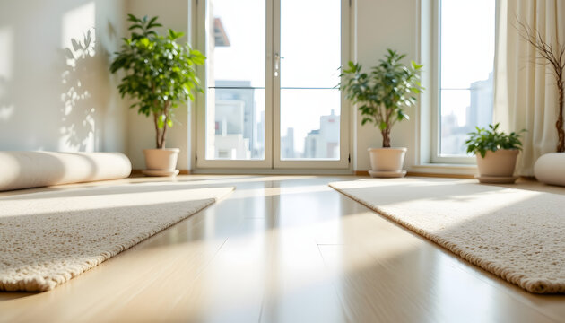 Rolled mats line the edges of the light filled space. Pale wood flooring reflects sunlight. Potted greenery is placed near the windows. not logo