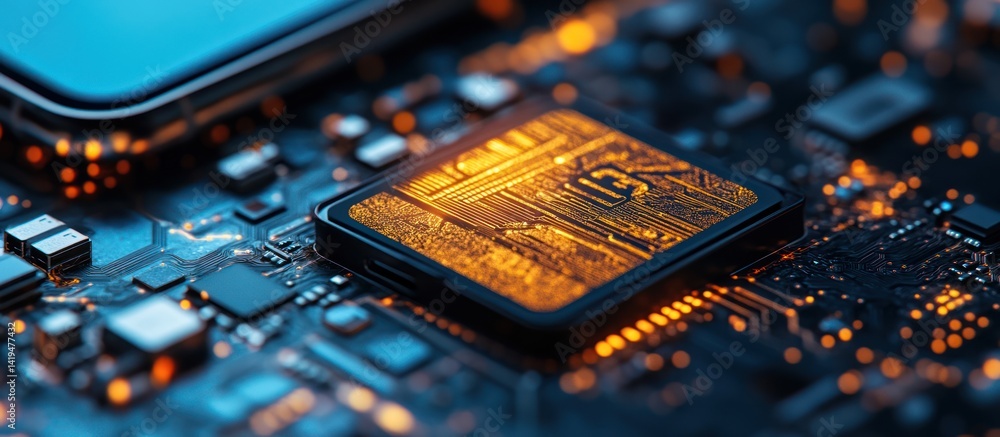 Poster close-up of cpu on circuit board, glowing circuits, technology background