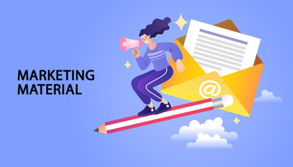 Fototapeta premium A female marketer creates and launches an email marketing campaign. She flies on a giant pencil, using a megaphone to announce a promotion and send a newsletter for her business.