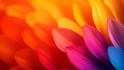 Fototapeta premium Vibrant gradient of colorful petals in shades of orange, pink, and purple, creating warm and inviting atmosphere. soft focus adds dreamy quality to image