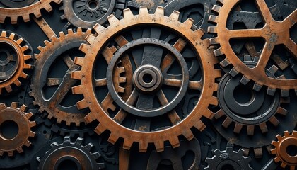 Close-up of vintage mechanical gears in a mix of bronze and black on textured background