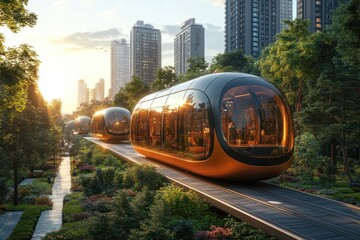 Obraz premium Futuristic urban transportation pods glide through a modern city park