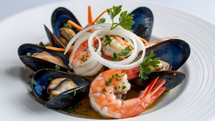 Seafood platter with mussels and prawns as closeup on a white plate