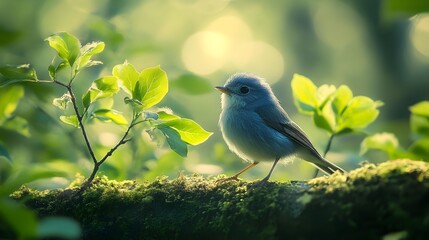 Obraz premium A small blue bird perches delicately on a mossy branch surrounded by vibrant green sp leaves in a sunlit forest.