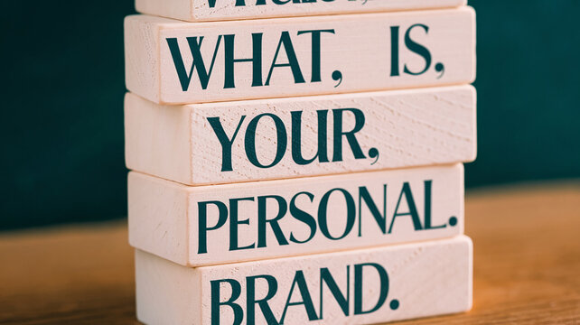 Stacked wooden blocks display the phrase "What is your personal brand", showcasing a concept related to self-branding and identity