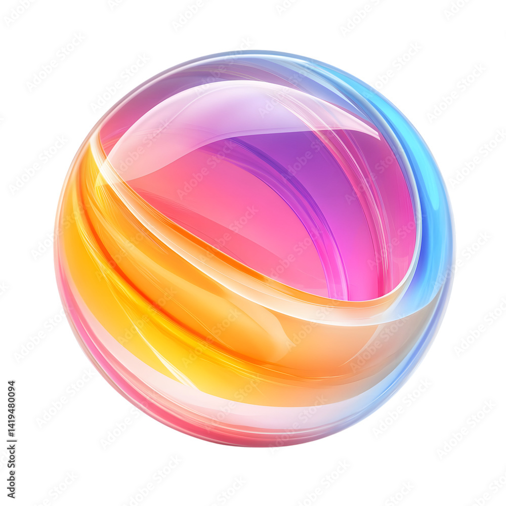 Poster an abstract three-dimensional multicolored sphere evoking a sense of fluidity energy and artistic de