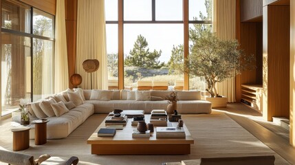Fototapeta premium Luxurious living room bathed in natural light features an olive tree