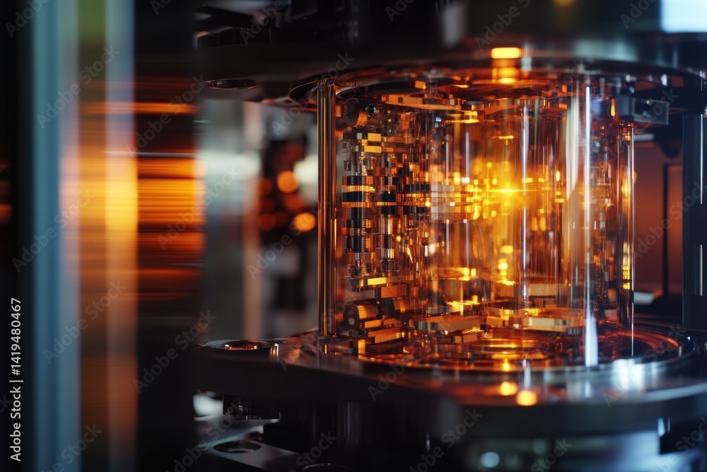 Poster advanced quantum computing hardware displaying intricate inner workings and vibrant energy flow