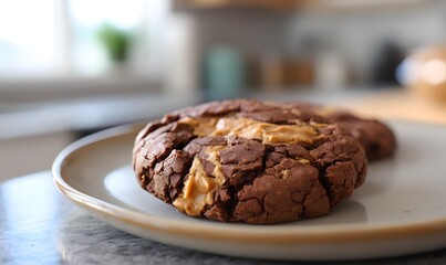 Fototapeta premium peanut butter swirl brownie cookie on a neutral-toned ceramic plate, Generative AI