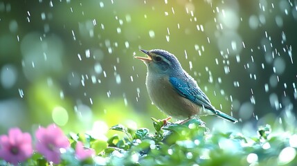 Obraz premium A small blue bird sings sweetly in the rain amidst lush green foliage and pink flowers.