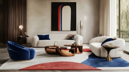 Elegant living room showcases contemporary furniture and bold artwork